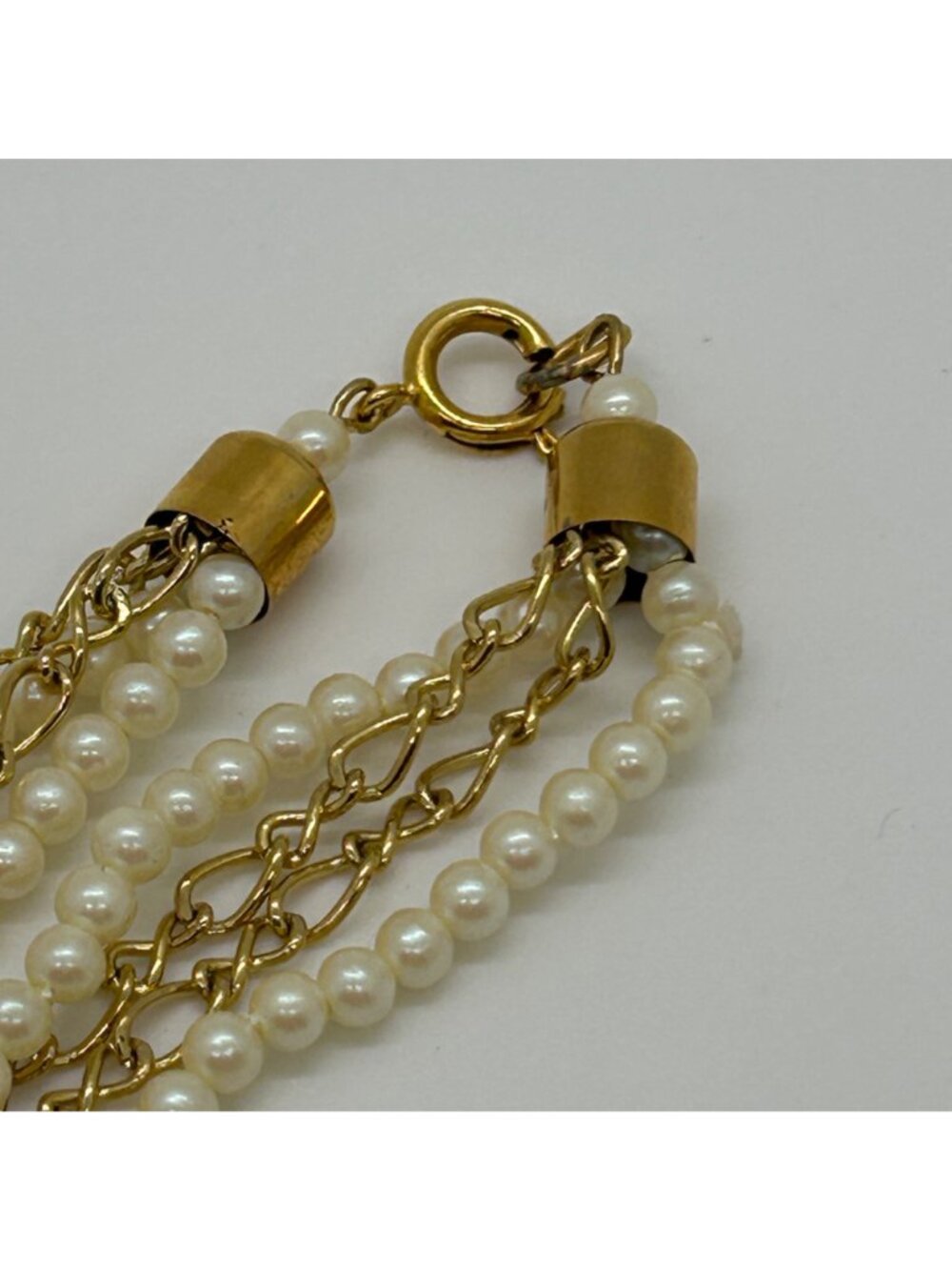 Vintage Stranded Necklace Faux Pearl Gold-tone Chain Torsade 20" Spring Ring - Picture 8 of 13